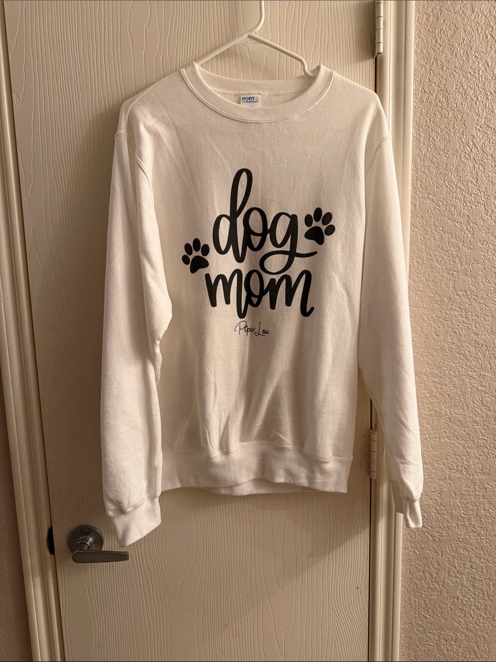 Port and Company White "Dog Mom" Crewneck Sweatshirt with Black Script